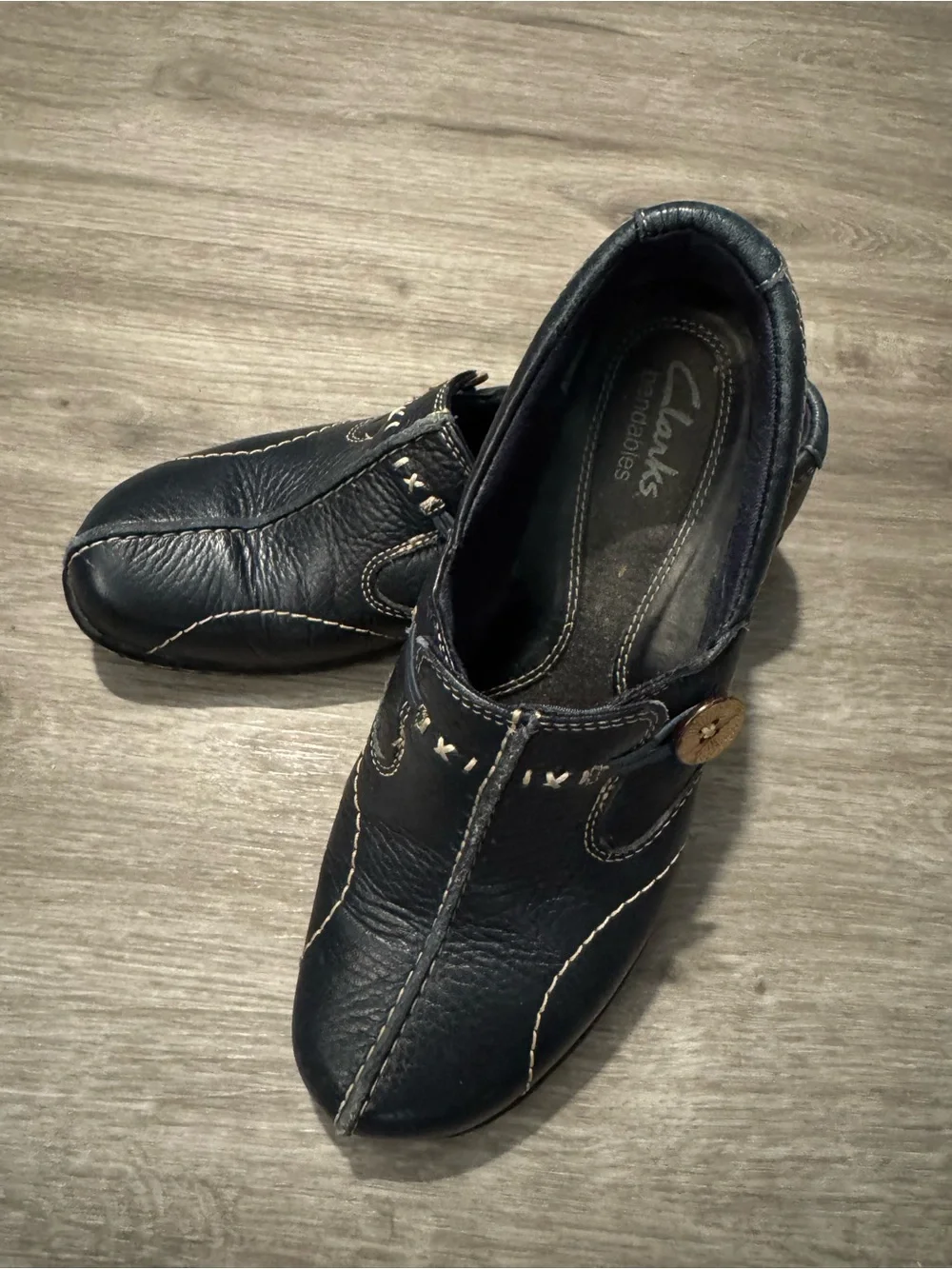 Clarks Navy Leather Slip-On Loafers with Contrast Stitching